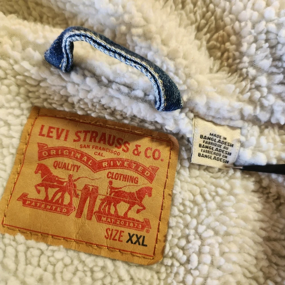 Levis Denim Jacket Adult XXL 2XL Blue Sherpa‎ Lined Trucker Red Tab Fleece Men